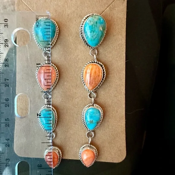 Hand made sterling, silver, and turquoise earrings - Picture 2 of 5